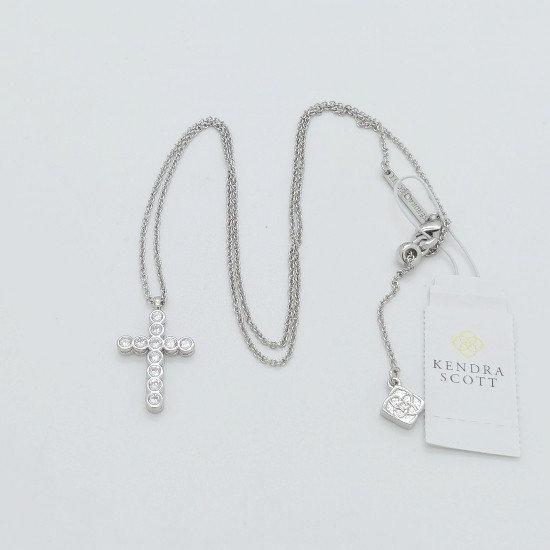 New Kendra Scott Cross Crystal Silver Pendant Necklace in White Cubic Zirconia