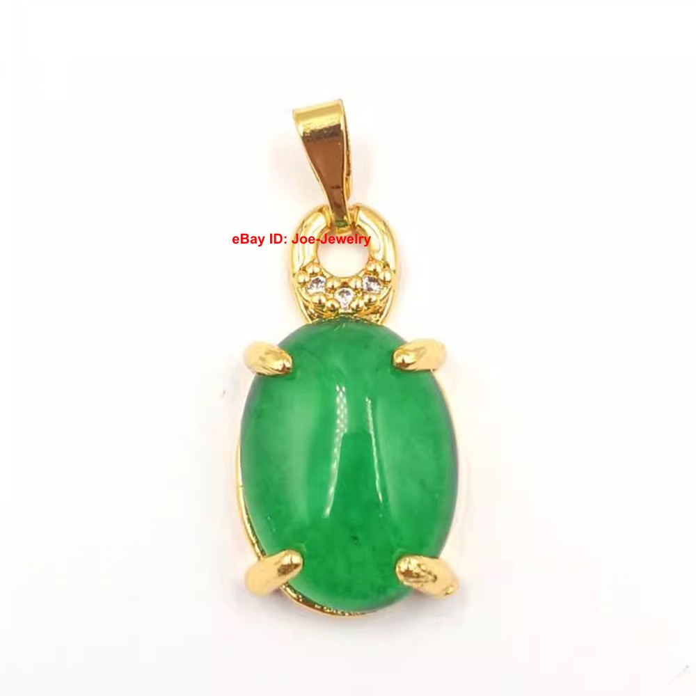 New Yellow Plated Alloy Heated Oval Green Jade Pendant 28mm H SMALL