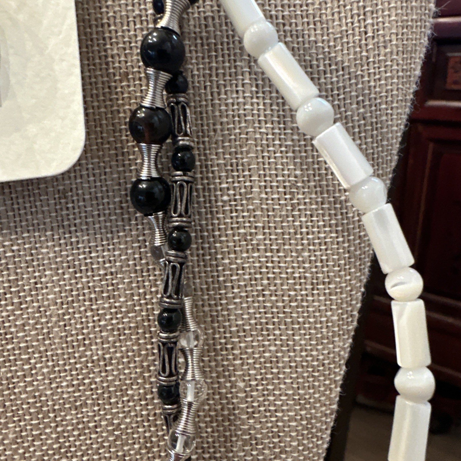 Boho multi strand necklace onyx mother pearl hematite designer statement set.