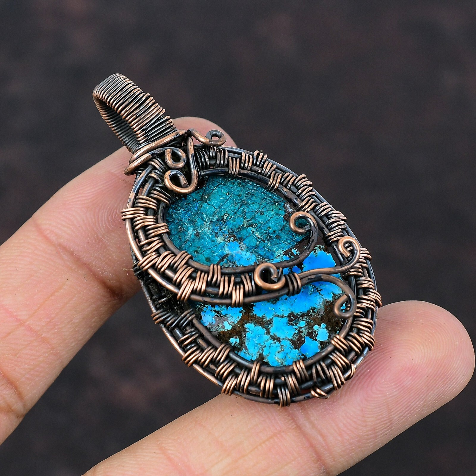 Tibetan Turquoise Jewelry Copper Gift For Friend Wire Wrapped Pendant 2.24″