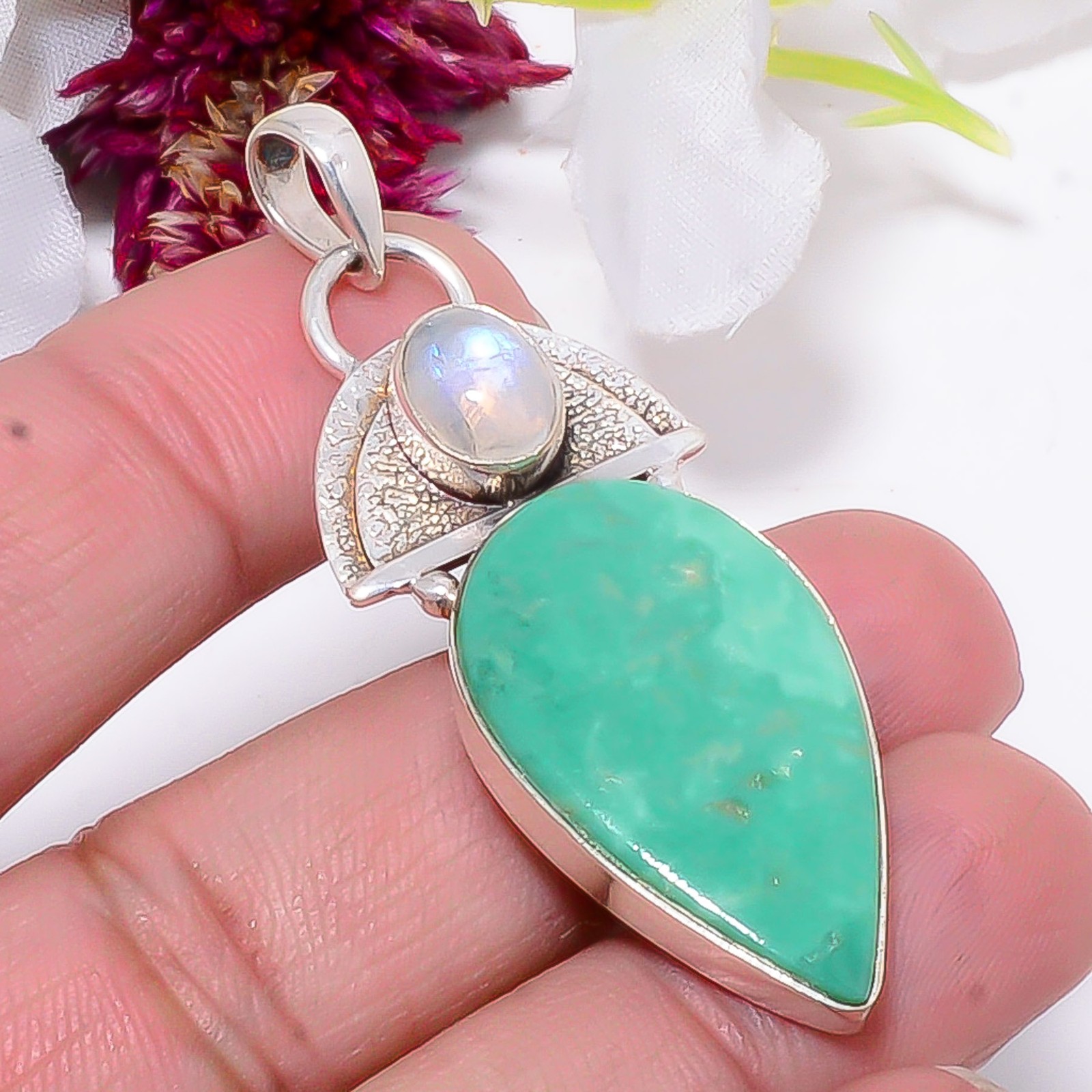 Variscite – Green Turquoise, Rainbow Moonstone 925 Silver Pendant 2.15″ Sku27