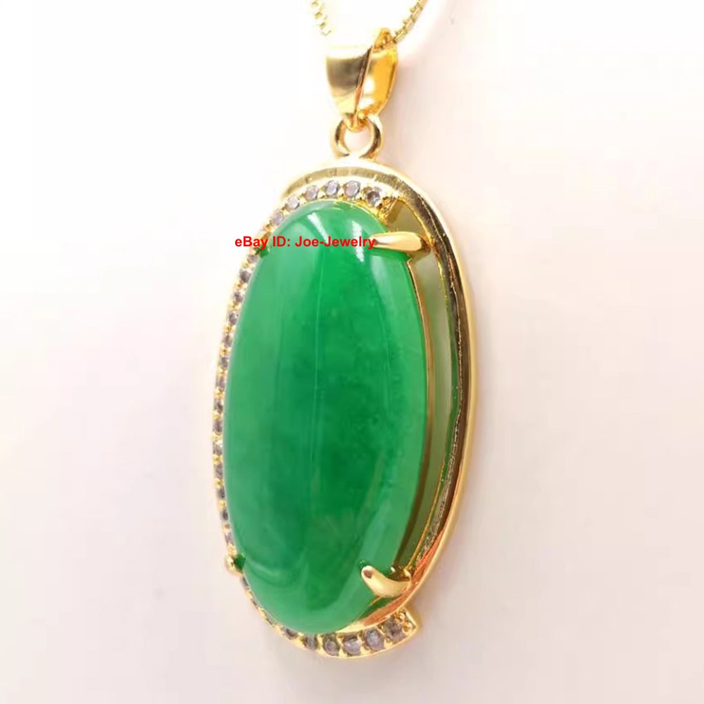 New Yellow Plated Alloy Heated Oval Green Jade Pendant 45mm H Bright