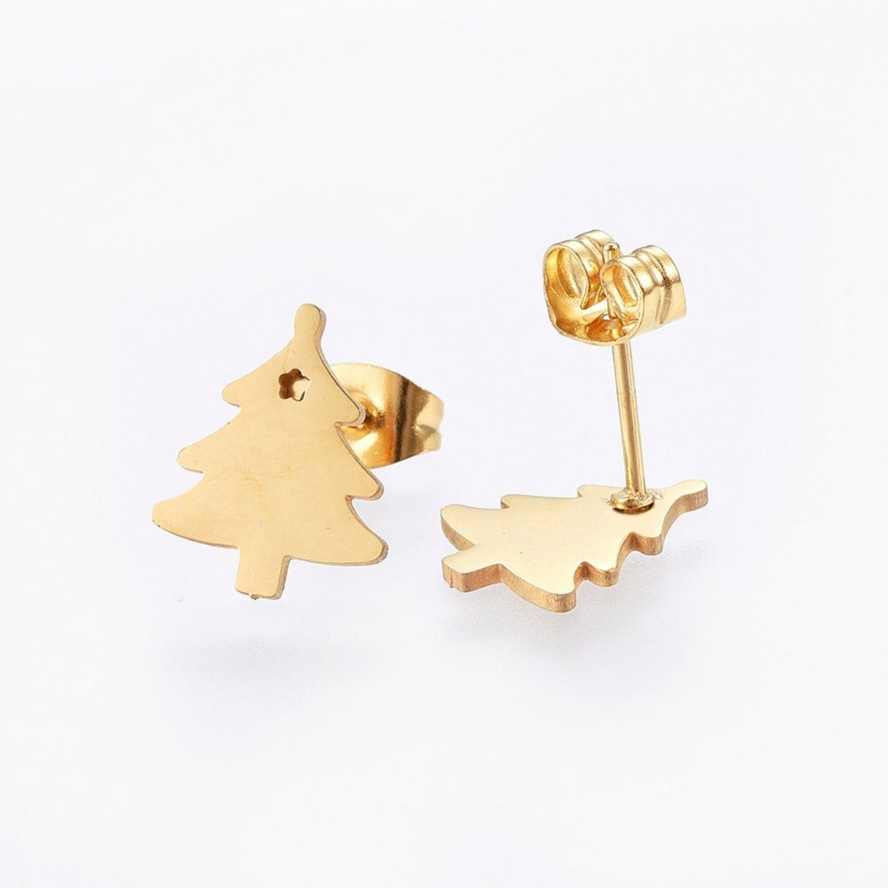 Cute Gold 304 Stainless Steel Christmas Tree Necklace, Earring, & Bracelet Set