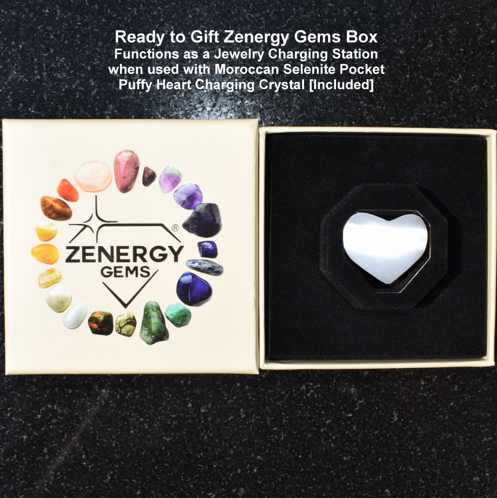 CHARGED 7 Chakra Premium Crystal Chip 18″ Necklace + Baby Selenite Puffy Heart