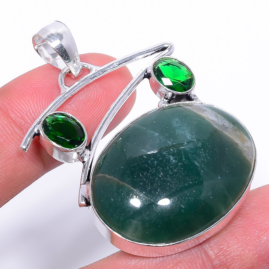 Natural Green Aventurine 925 Silver Plated Pendant 1.83″ P26