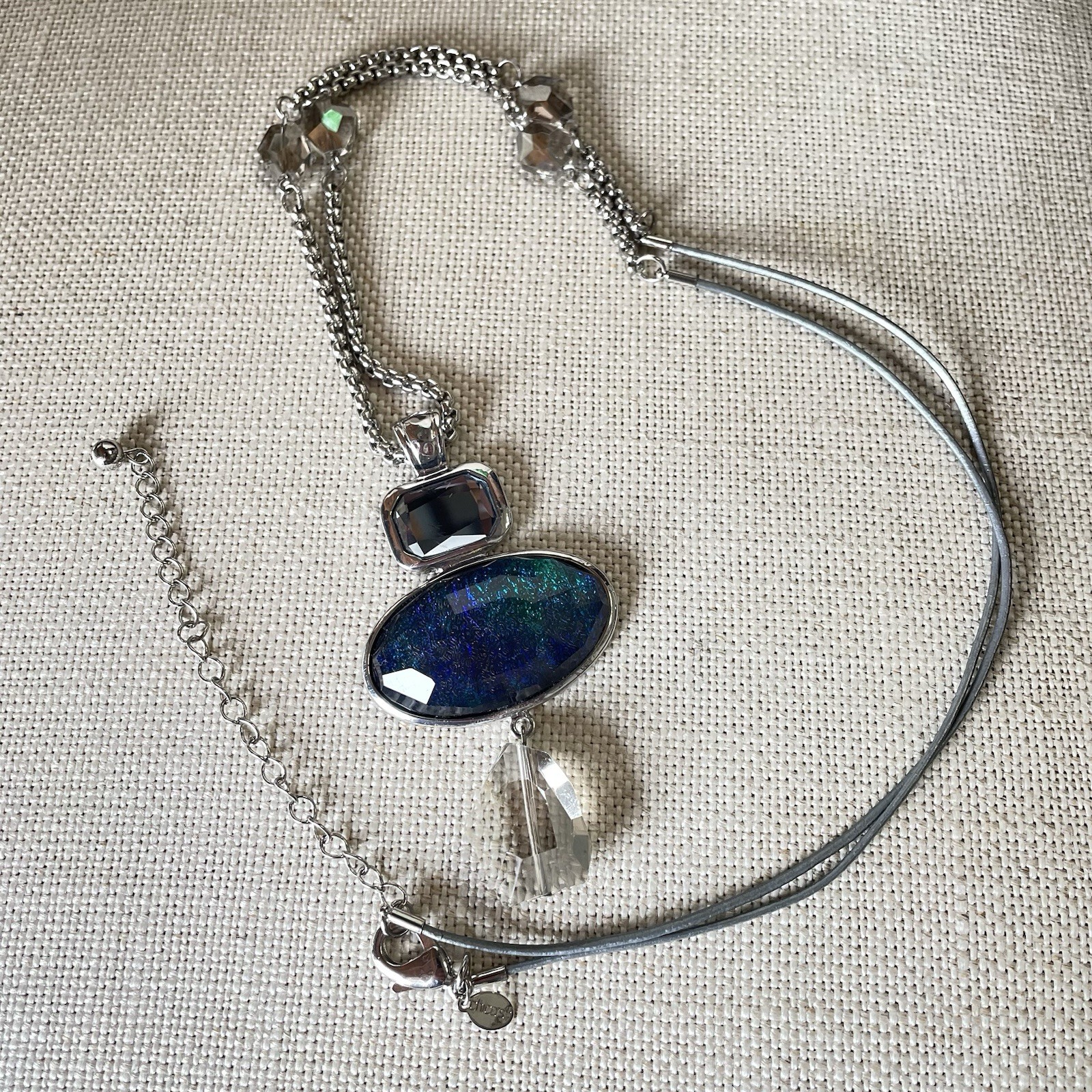 Chico’s Silver Tone Textured Chain Gray Cord Blue Jewel Charm Necklace Chic 34”