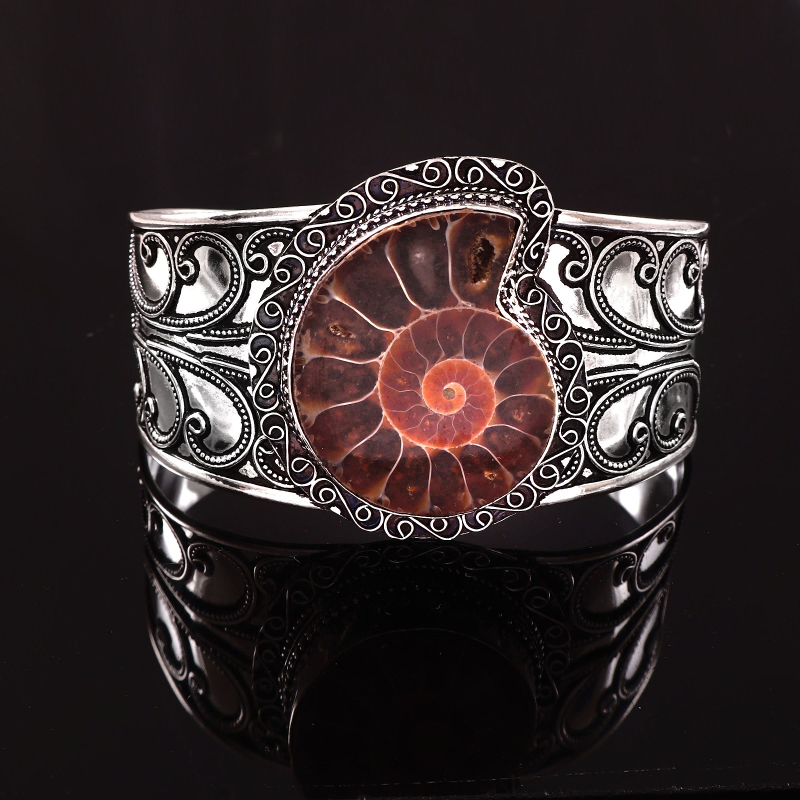 Handmade Ammonite Fossil Sterling Silver Cuff Bracelet