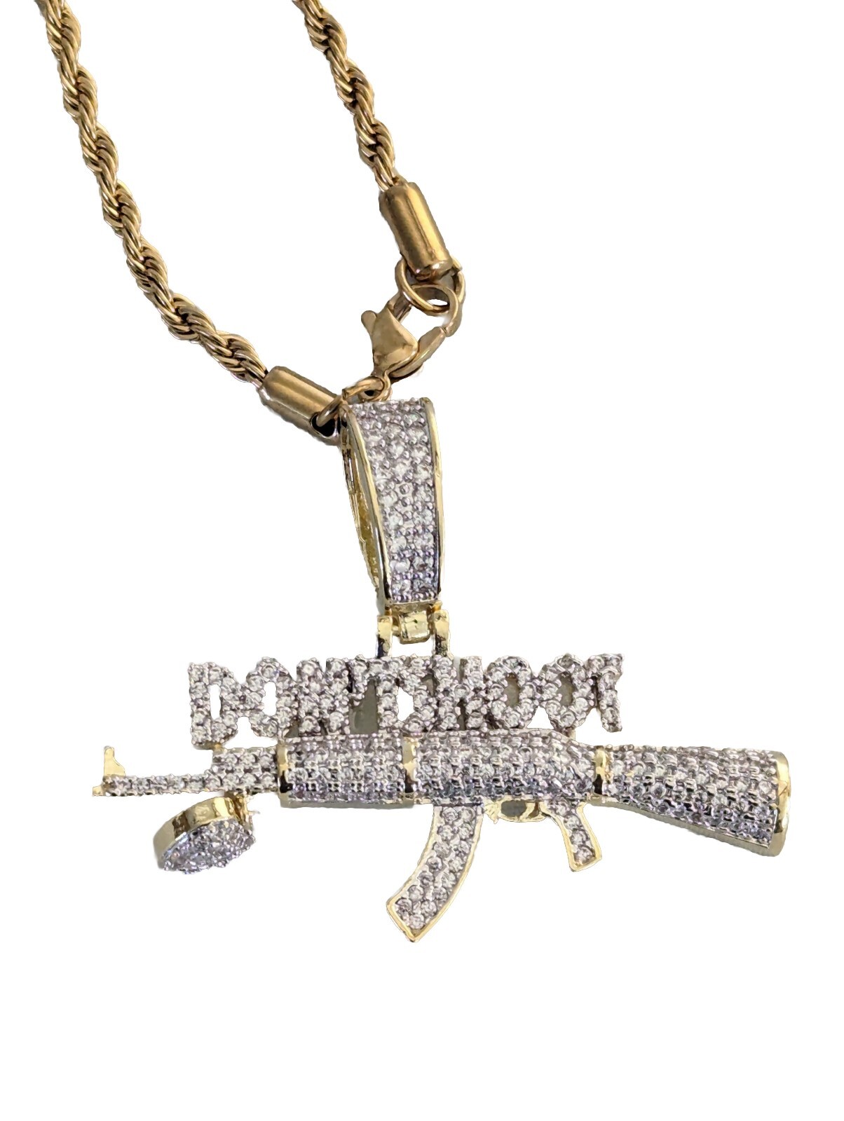 Necklaces Men Ice Out Bling Gun Don’t Shoot Gold Plated Pendant 12″Chain
