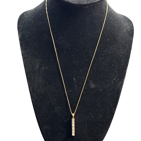 Vermeil Five Linear Drop Clear Stone Pendant 17″ Chain 925 2.7 grams