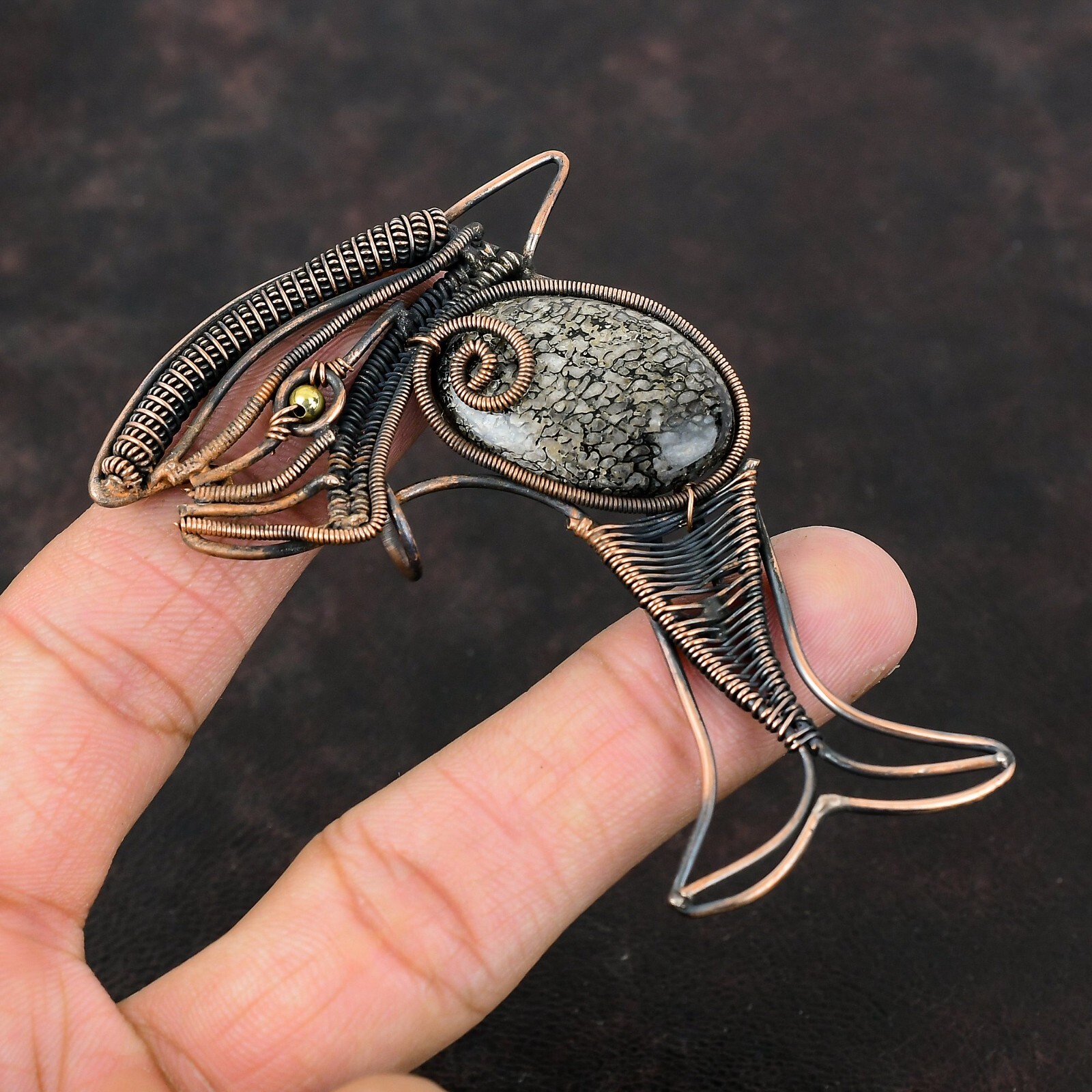 Dinosaur Bone Wire Wrapped Fish Pendant Handcrafted Copper Ethnic Jewelry 2.28″
