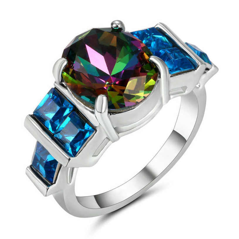 Elegant 925 Sterling Silver Rainbow Mystical Topaz Blue Topaz Charms Ring Size 8