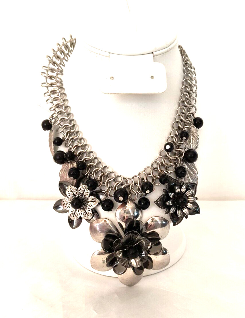 Silver Tone & Black Women’s Statement Necklace Flower Shapes Adjustable Length