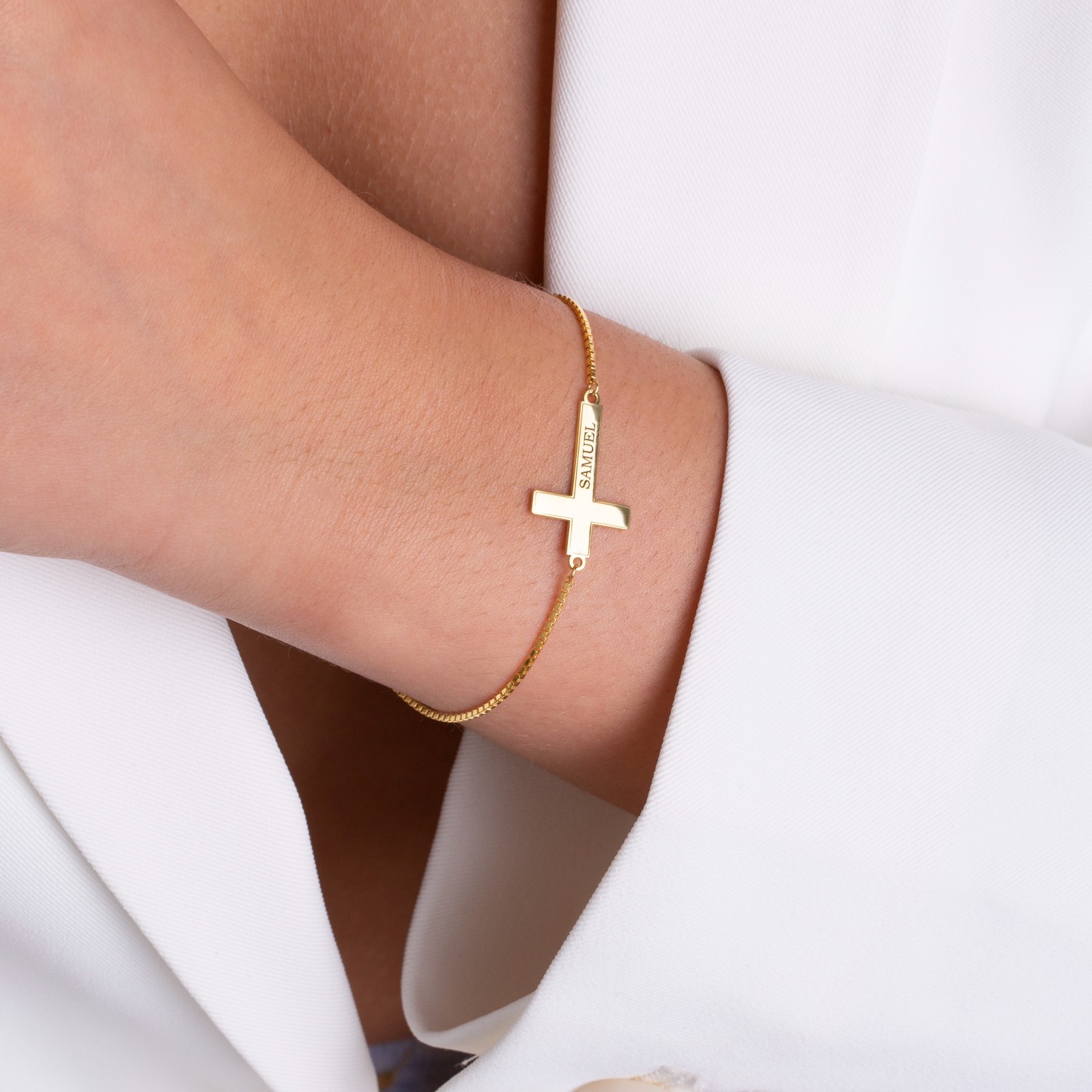 Custom Engraved Cross Bracelet 925 Sterling Silver Gold/Rose Gold/Silver