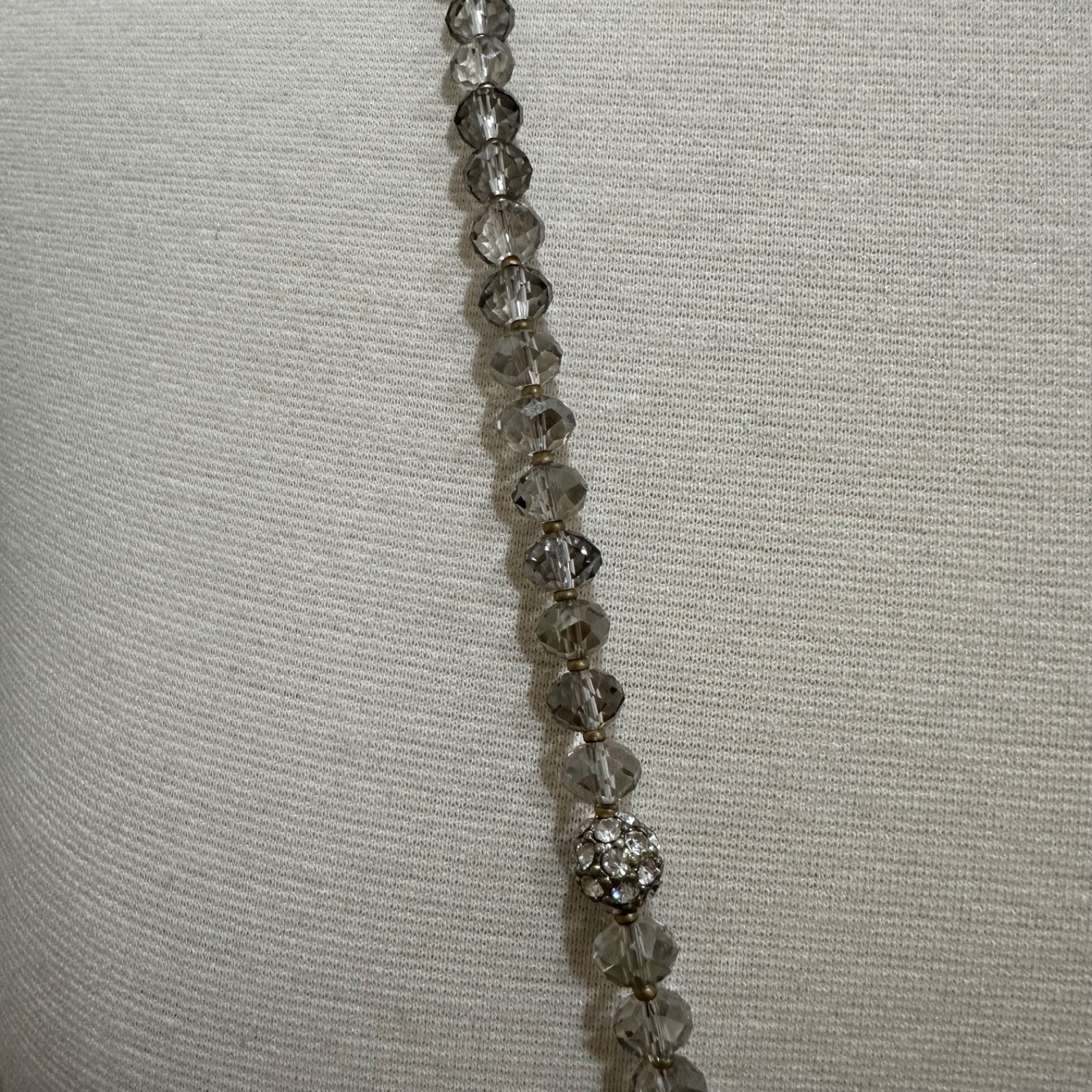 Vintage Chico’s Necklace Long Glass Beads Tassel Bronze Rhinestones 35 in