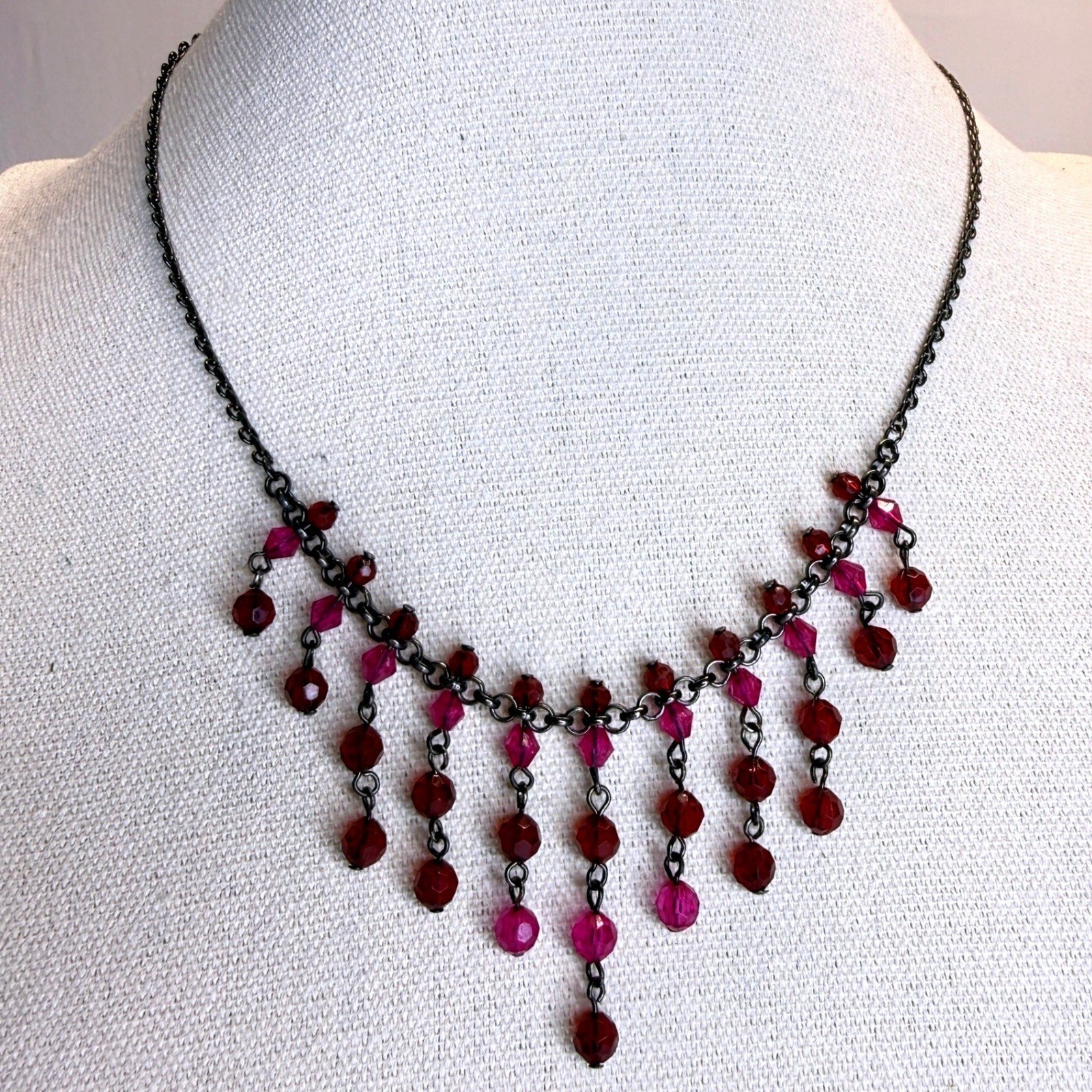 1928 Jewelry Co Red Purple Beaded Fringe Drop Necklace Gunmetal Tone Chain