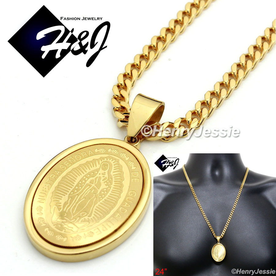 24″Stainless Steel 5mm Gold Plated Cuban Curb Necklace VIRGIN MARY Pendant*GP26