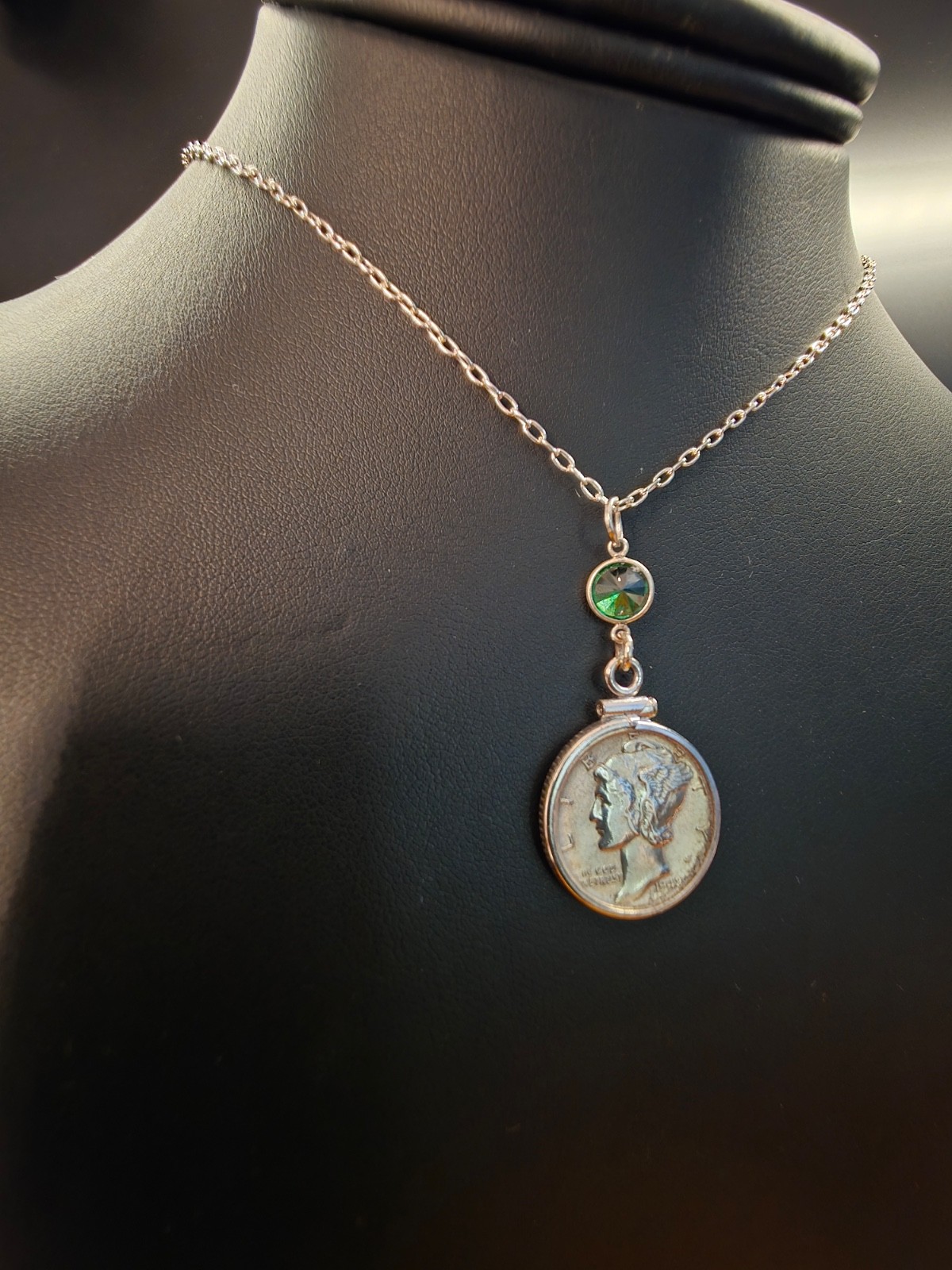 Vintage Mercury Dime Necklace Sterling Silver 925 Coin Pendant Emerald Green CZ