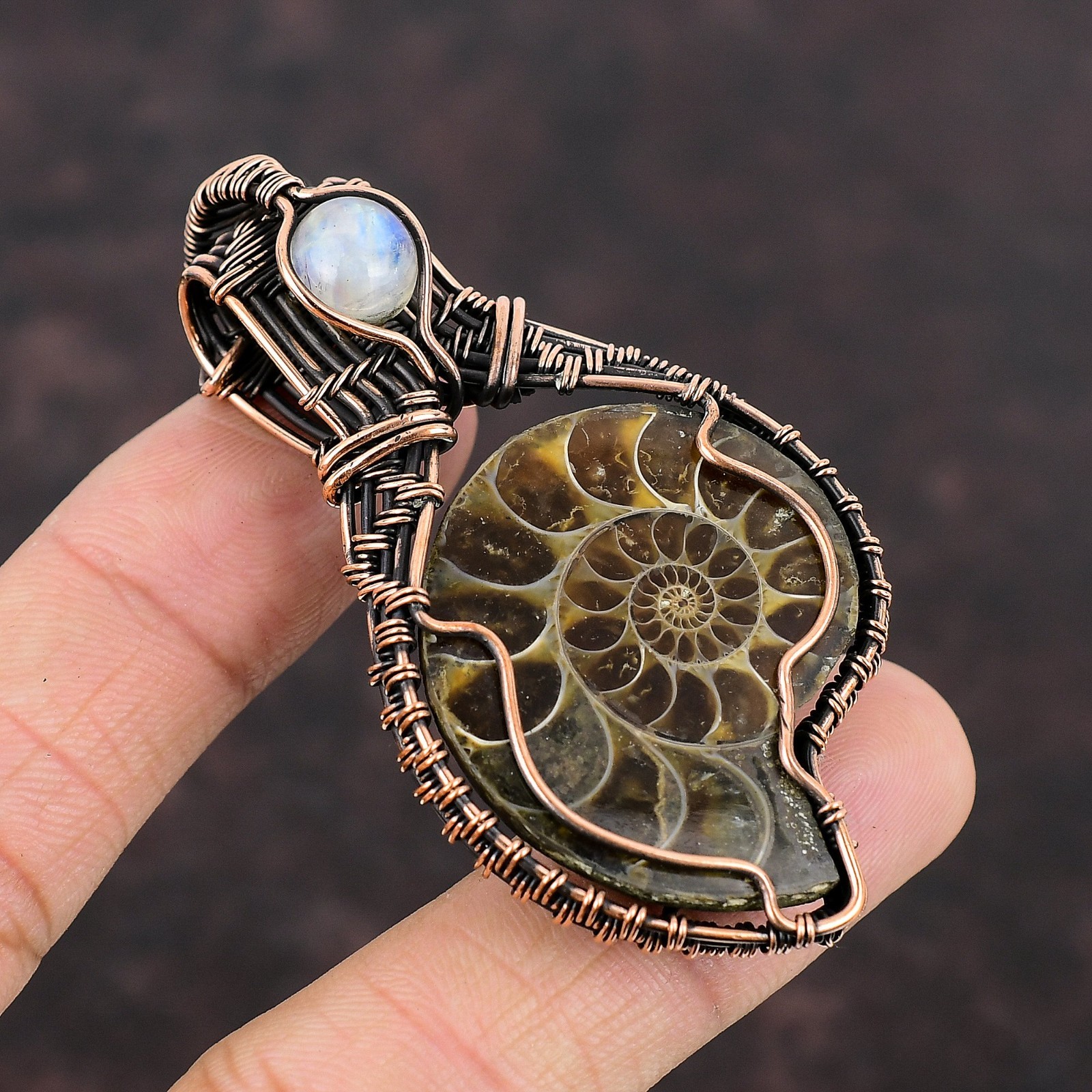 Copper Ammonite Fossil Stone Rainbow Moonstone Unique New Wire Wrapped Pendant