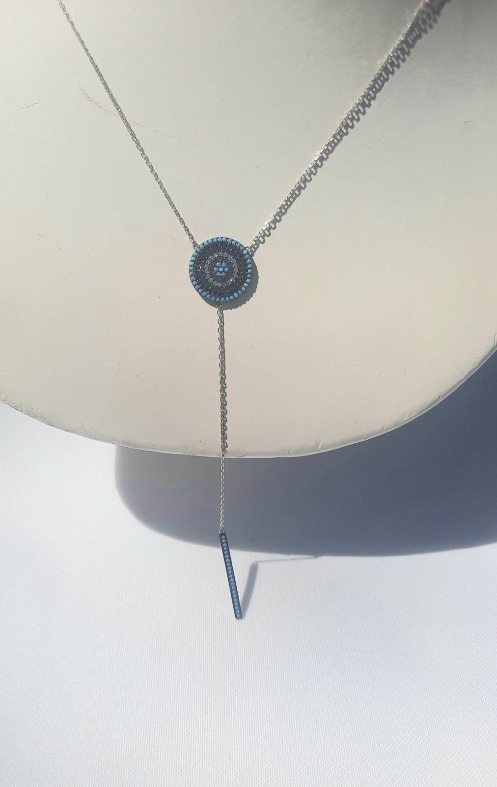 Sterling silver blue crystal mosaic dangle necklace 15 to 17″ 4 inch dangle.