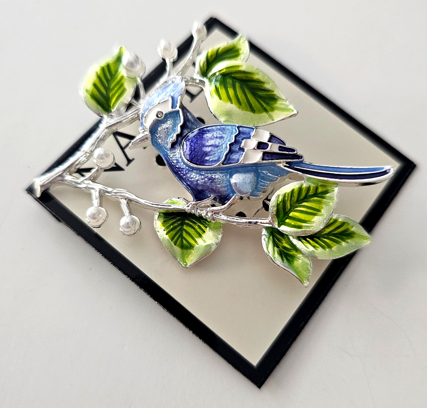 Napier Blue Jay Bird on branch Enamel Rhinestone Brooch Pin SIGNED New