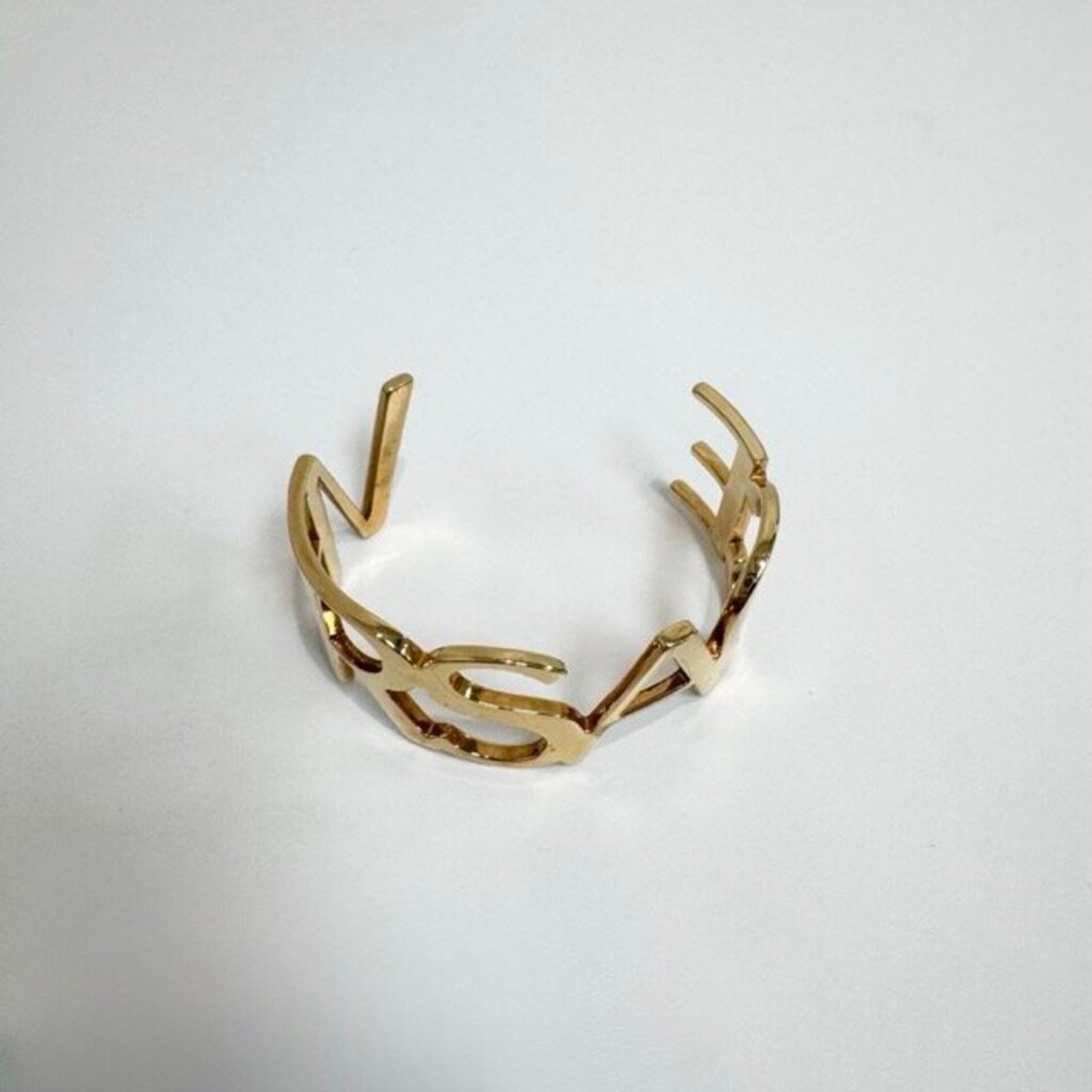 VERSACE Logo Text Cuff Gold-tone Brass Bracelet M Cut Out Large Bangle