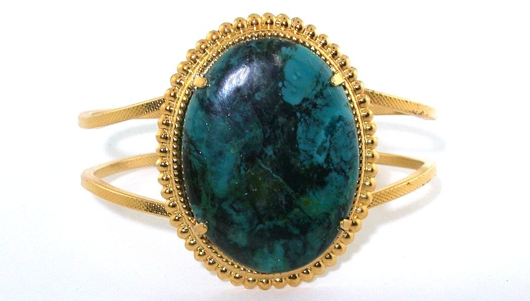 7 Inch Gold Color VINTAGE 40×30 Natural Turquoise Cab Cabochon Gem Bracelet