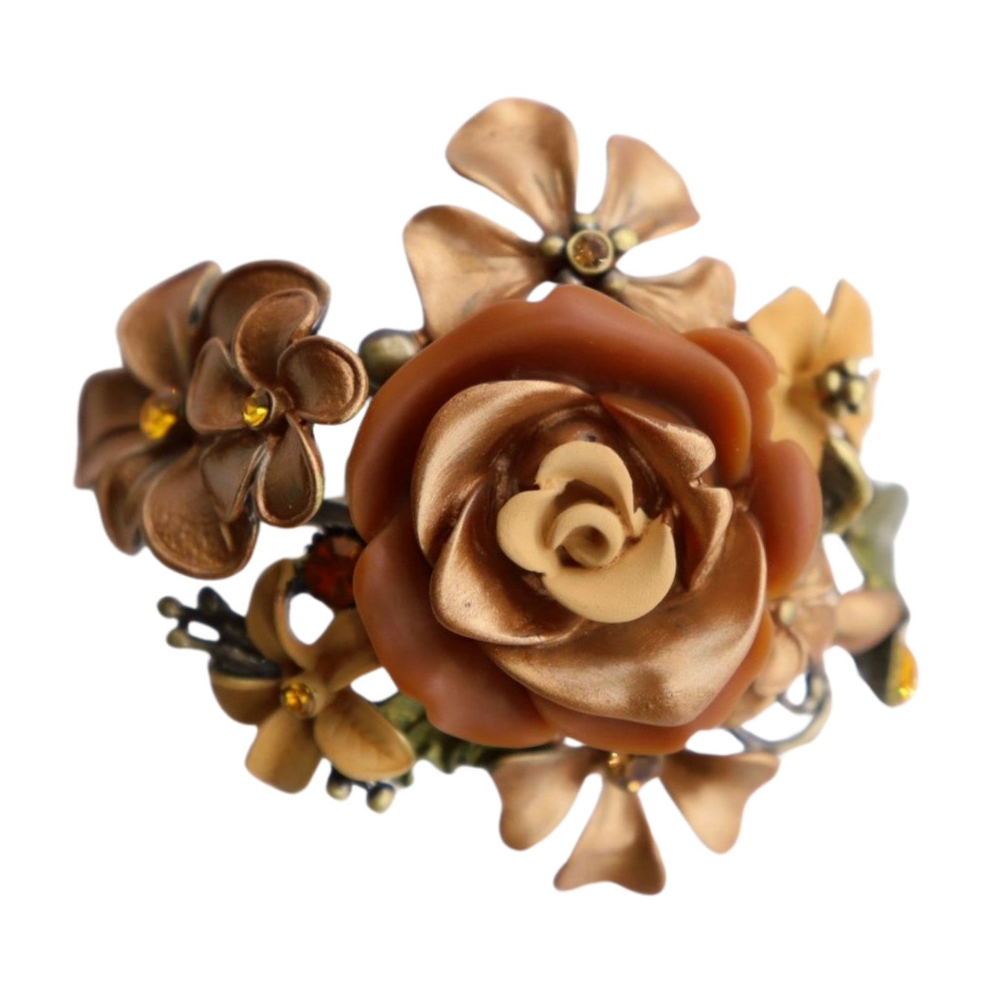 Women Gold Metal Beige Brown Rose Flowers Wrist Cuff Bracelet Prom Dance Style