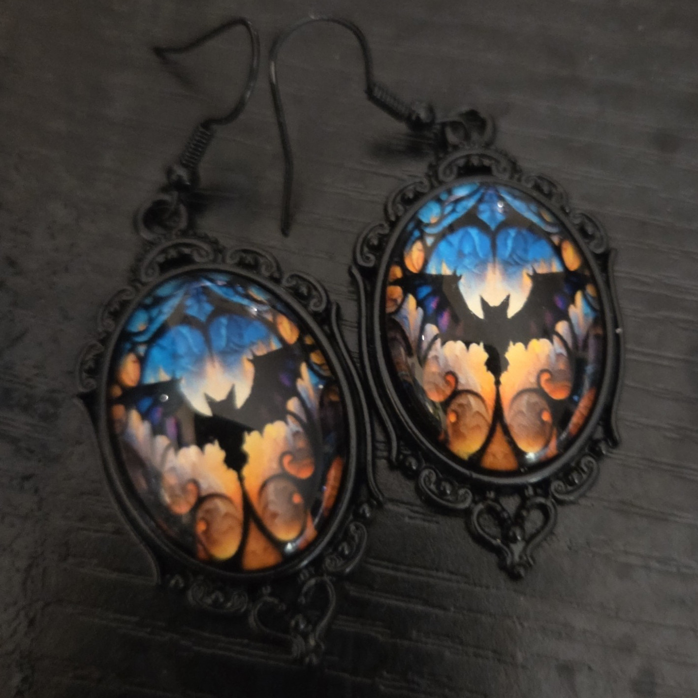 Black Oval Bat Halloween Gothic Metal Dangle Drop Earrings Hook Closure No Stone