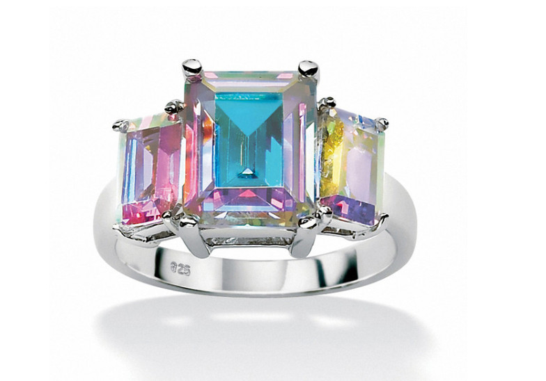 EMERALD CUT AURORA BOREALIS CZ STERLING SILVER RING SIZE 6 7 8 9 10