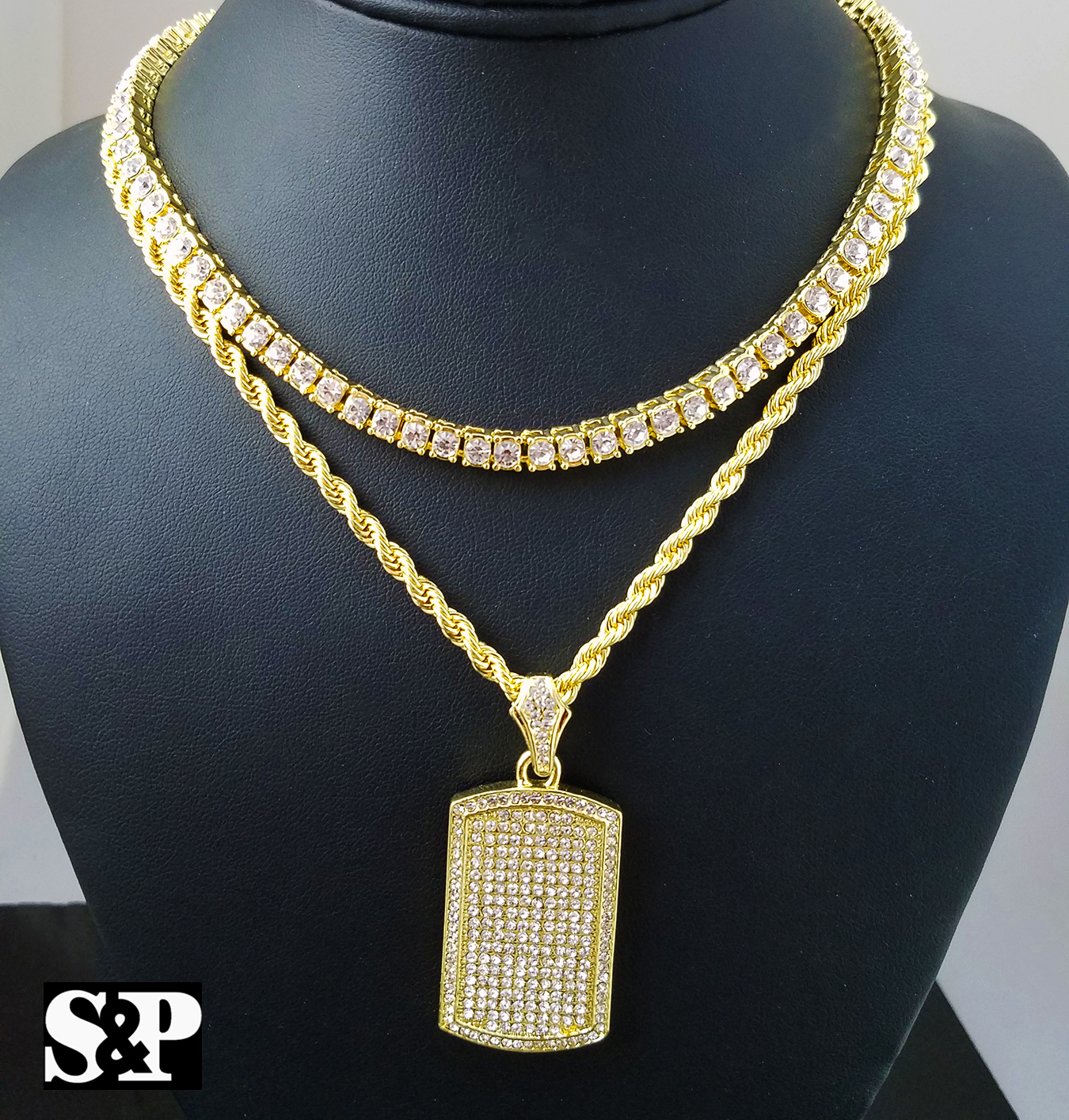 Hip Hop Quavo Choker 16″ 1 ROW DIAMOND CHAIN & Full ICED DOG TAG Necklace Set