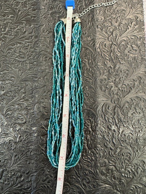 Boho Teal Multi Strand Seed Bead Necklace Silver Tone Faux Malachite Pendant