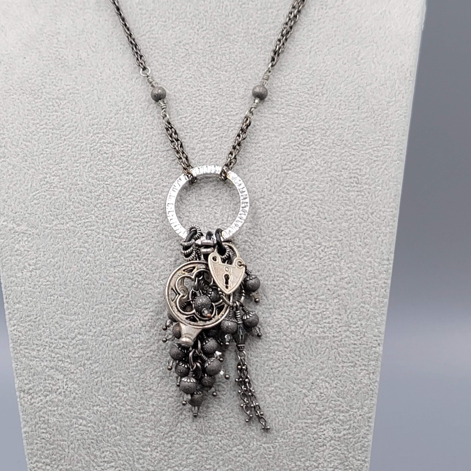 Tassel Charm Pendant Necklace Gunmetal Gray Black Metal Long 38″