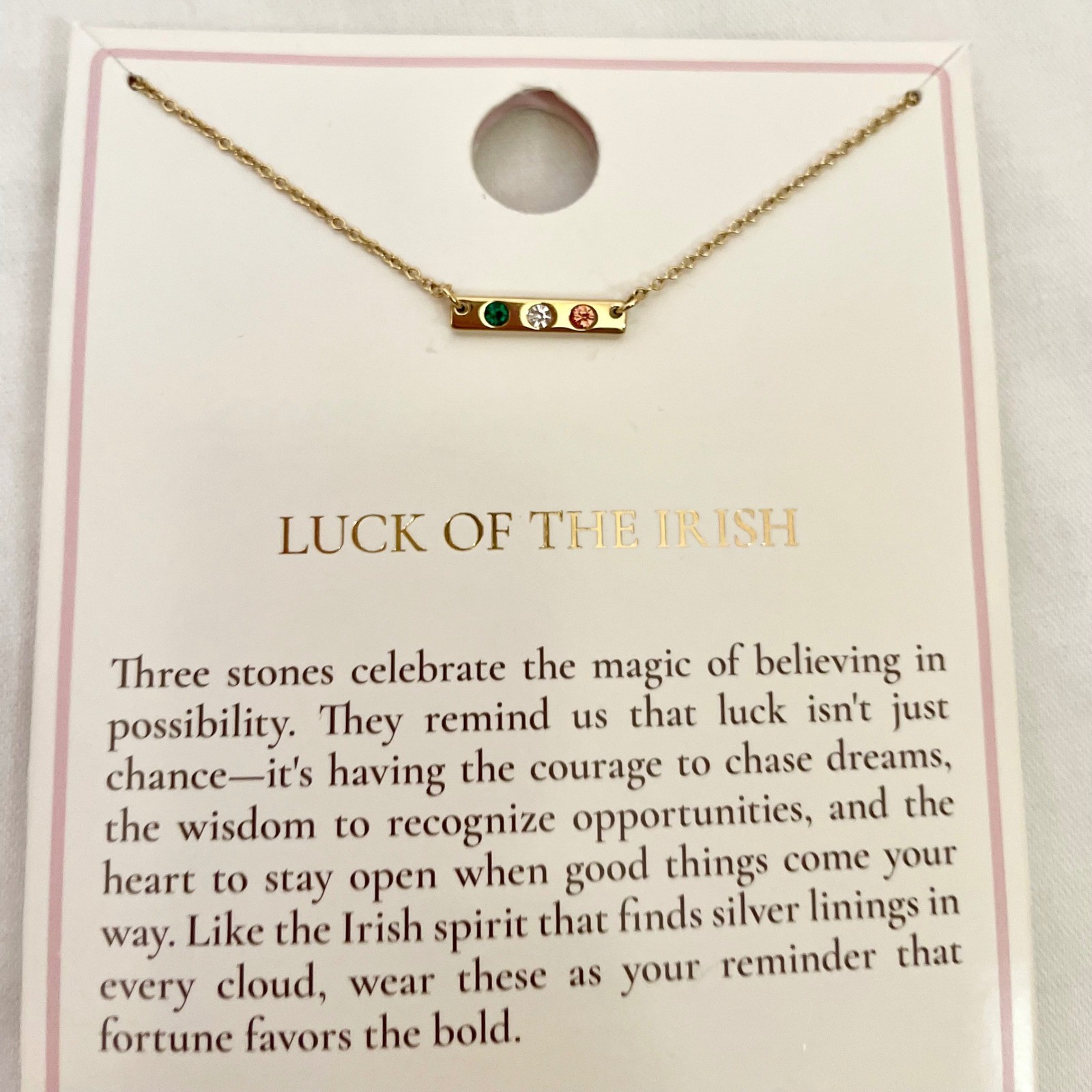 Tiny Tags Luck of the Irish Gold Tone 3 Stone Bar Necklace NEW