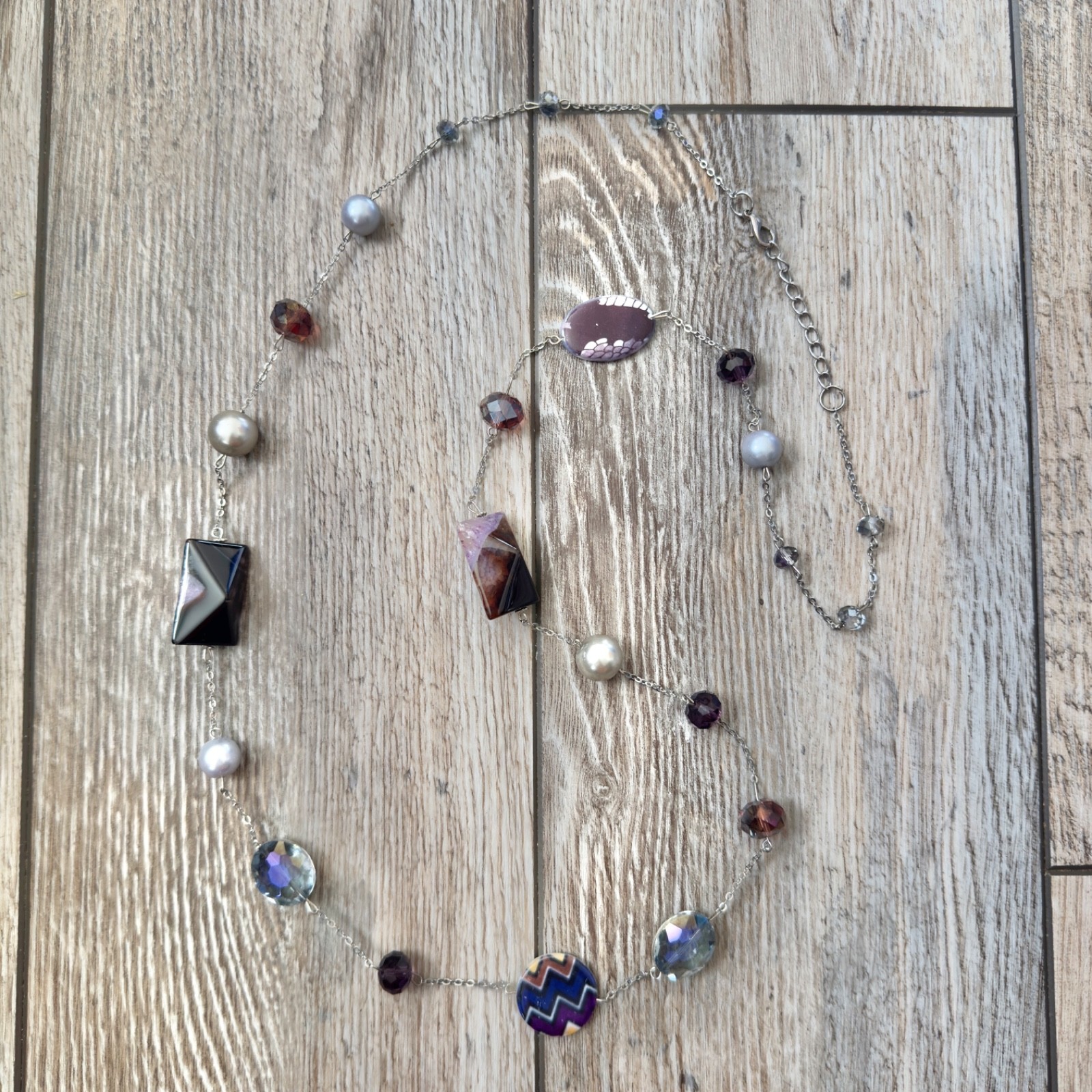 Mixed Materials Beaded Chain Necklace Stone Glass Plastic Faux Pearl Silver Tone