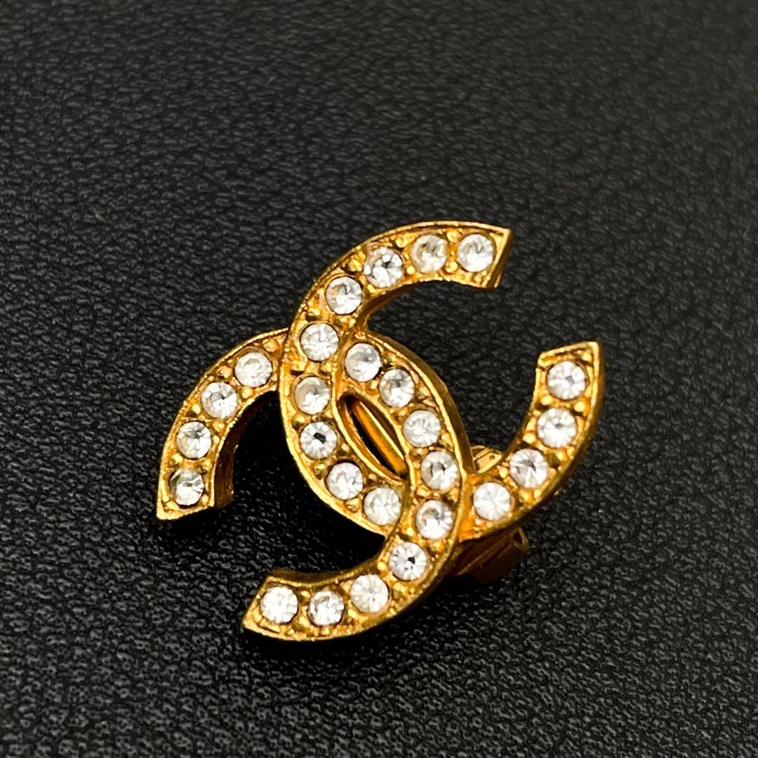 CHANEL CC Logo Coco Mark Earrings Gold Rhinestone Clip On No Box Vintage