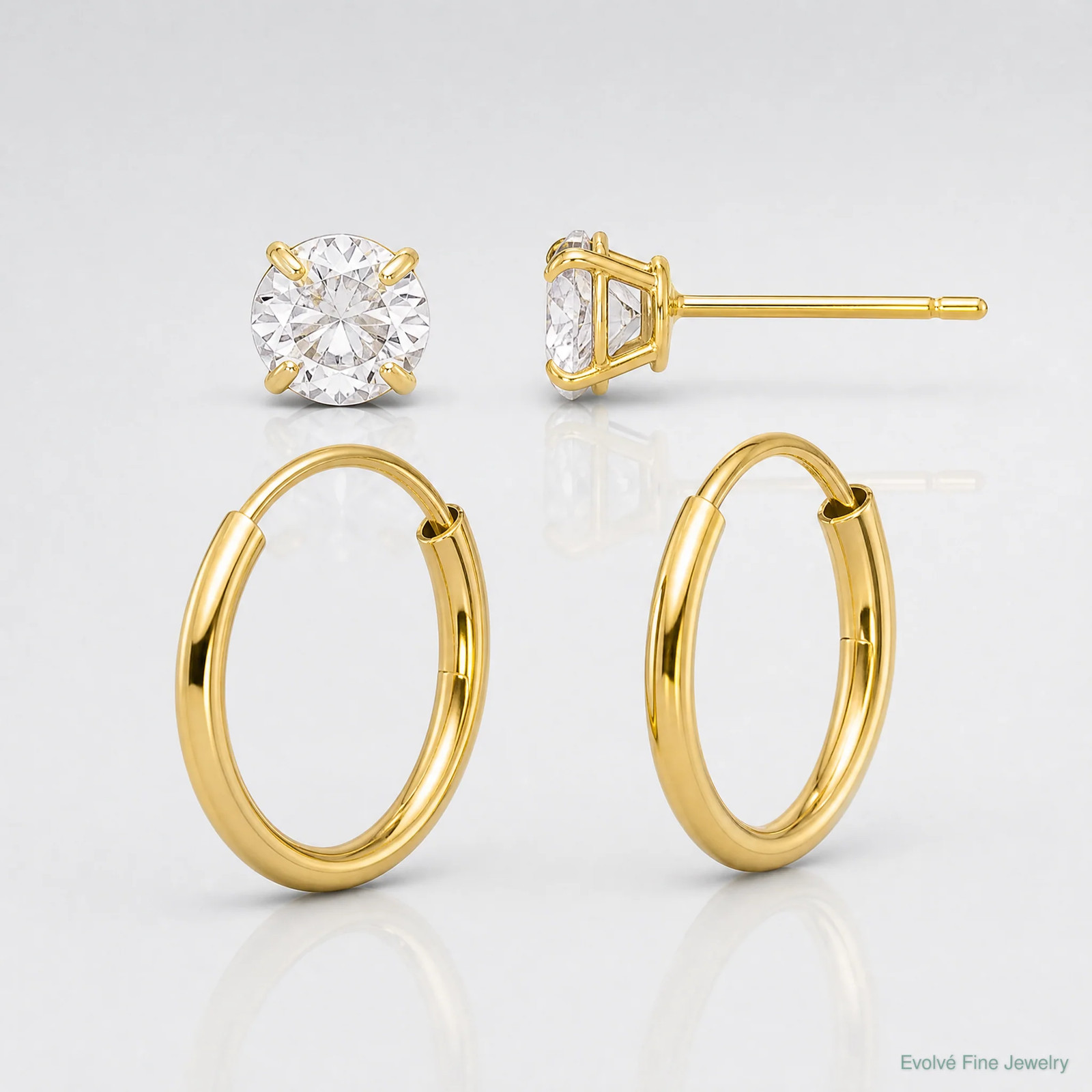 14K Yellow Gold Polished CZ Studs And Small Endless Hoop Earring Set