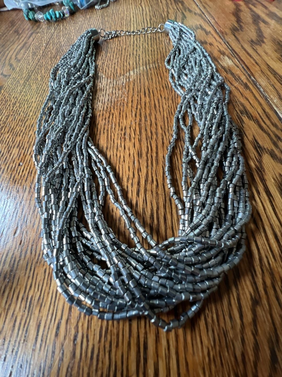 Multi-Strand Gunmetal Grey Metallic Seed Bead Statement Necklace