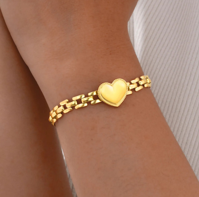 Stainless Steel Heart Pendant Bracelet Watchband Chain Adjustable Extension