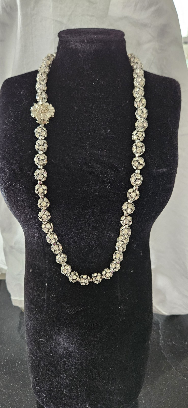 Vintage Statement Necklace Silver Tone Crystal Rhinestone Flower Charm Box Clasp