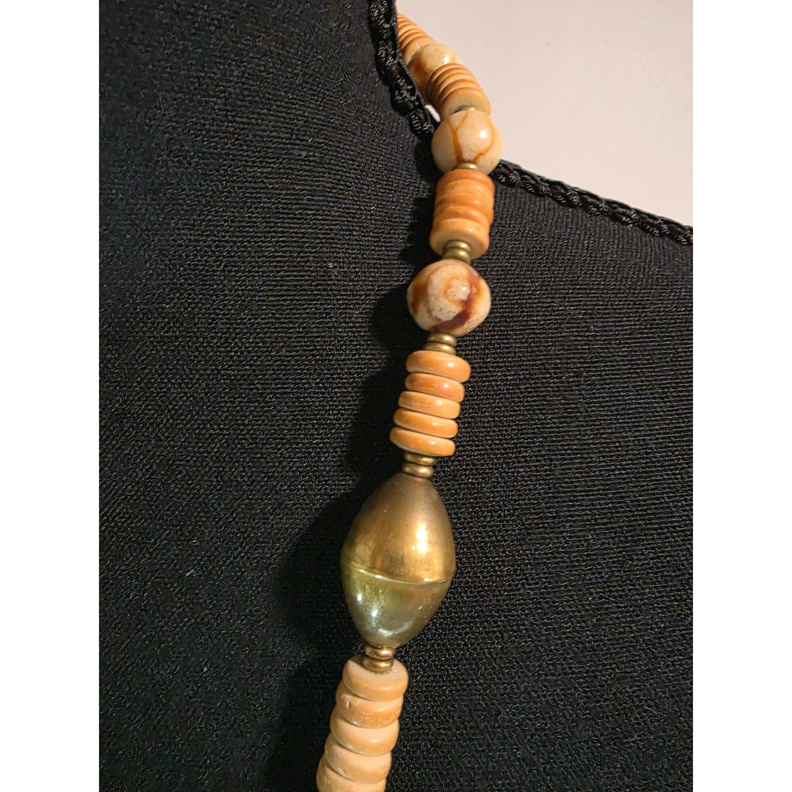 Boho Chunky Picture Jasper Bead Wooden Disc Brass Statement Necklace Bohemian