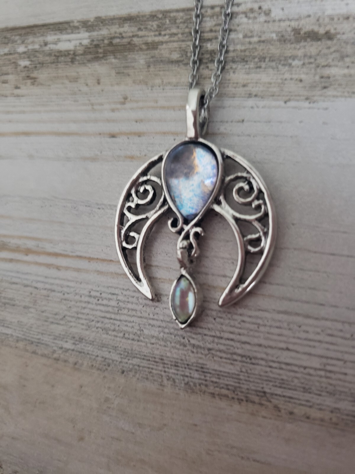 Crescent moon necklace boho hippie jewelry faux Moonstone gem love gift pretty