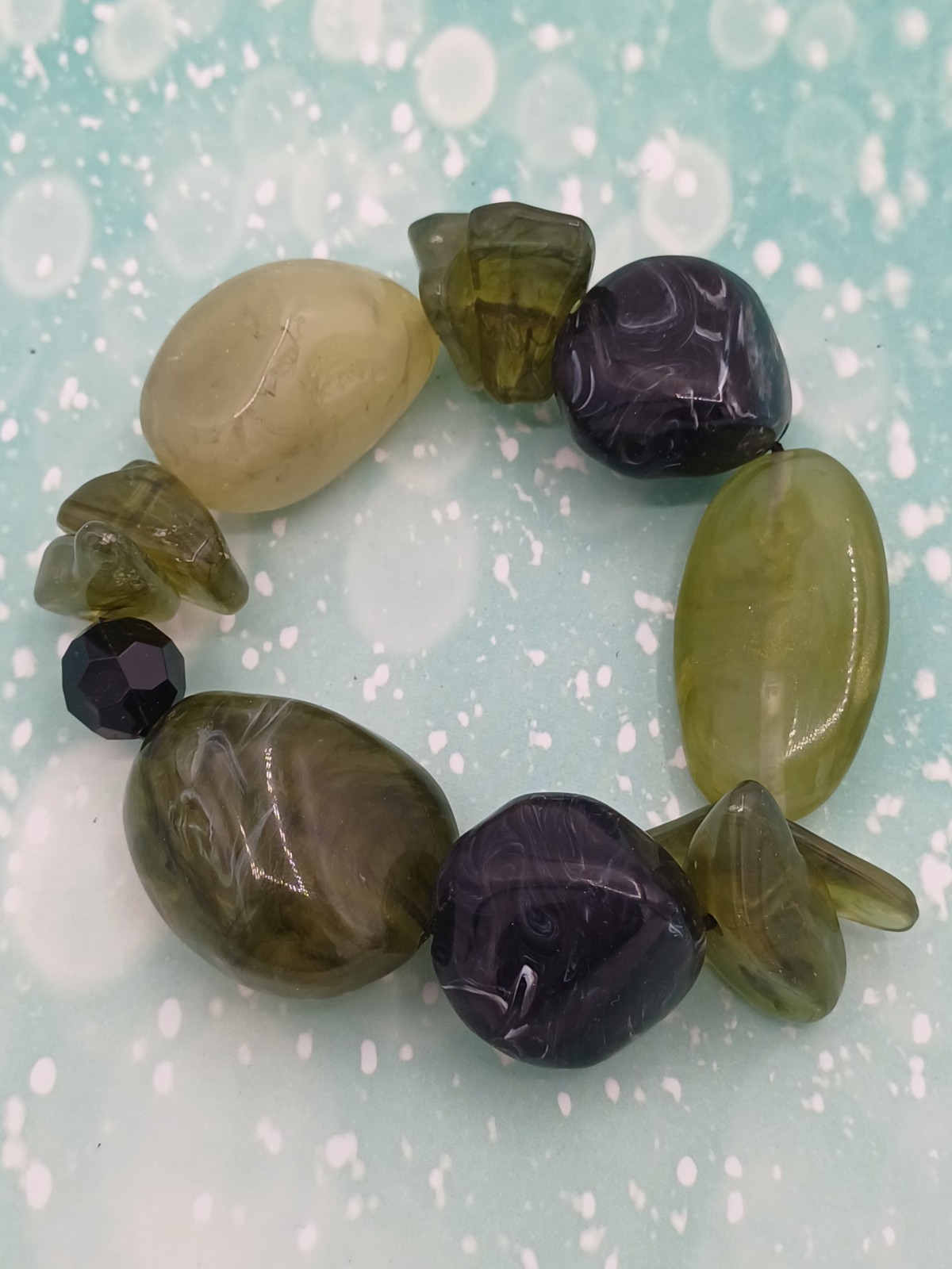Chunky Green And Grey/Black Mixed Shaped Beaded Elasticated Stretch Bracelet