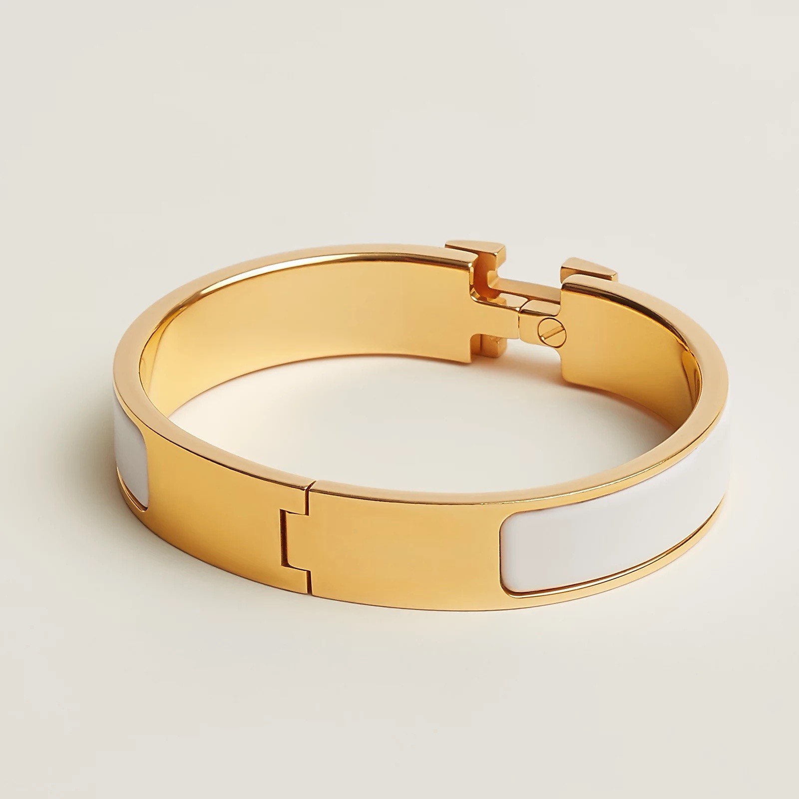 Hermès Clic H Enamel Hinged Bangle Bracelet H Shape Gold White France