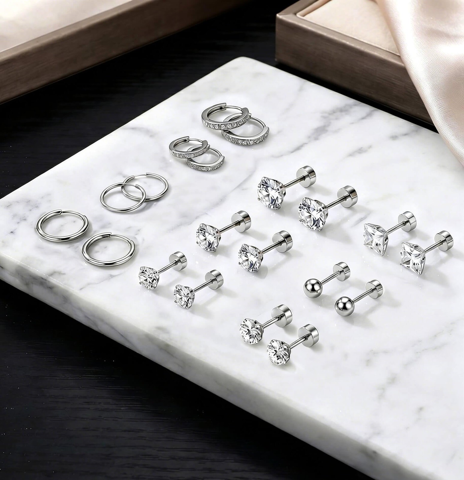 10 Pairs Stainless Steel Stud Earrings Colorful CZ 20G Stud