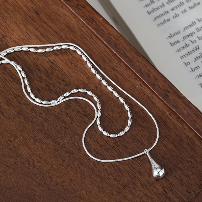 Snake Chain Necklace Rice Droplet 925 Sterling Silver Double Layer Jewelry