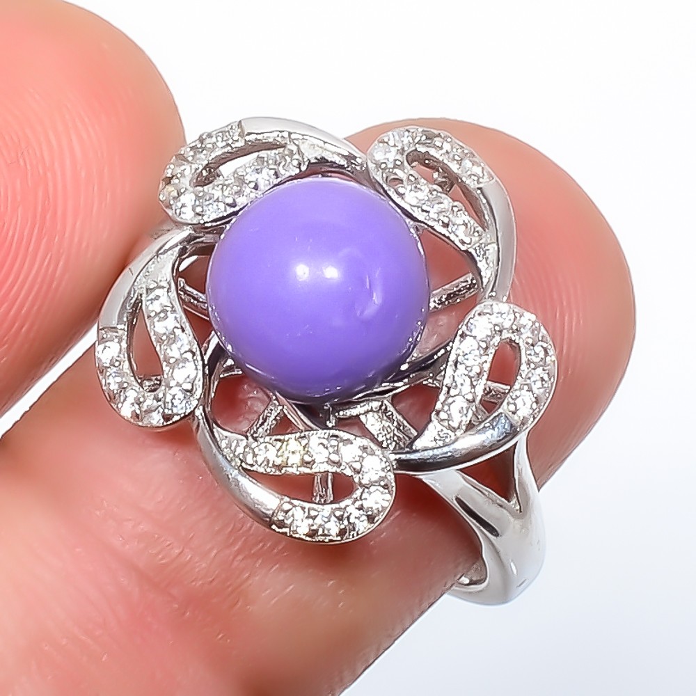 Charoite & White Cz Gemstone 925 Silver Plated Ring Adjustable (1)