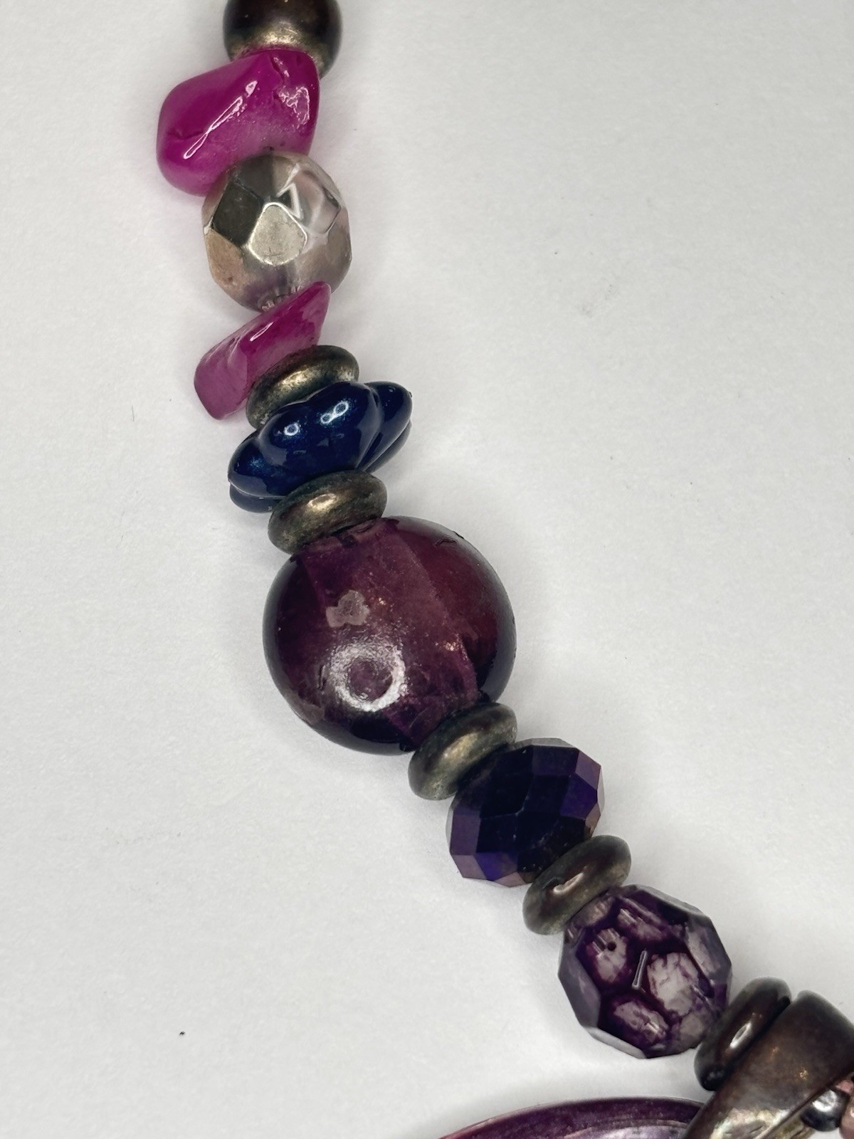 Purple Gemstone Necklace Glass Bead 20” Enameled Metal Pendant Boho