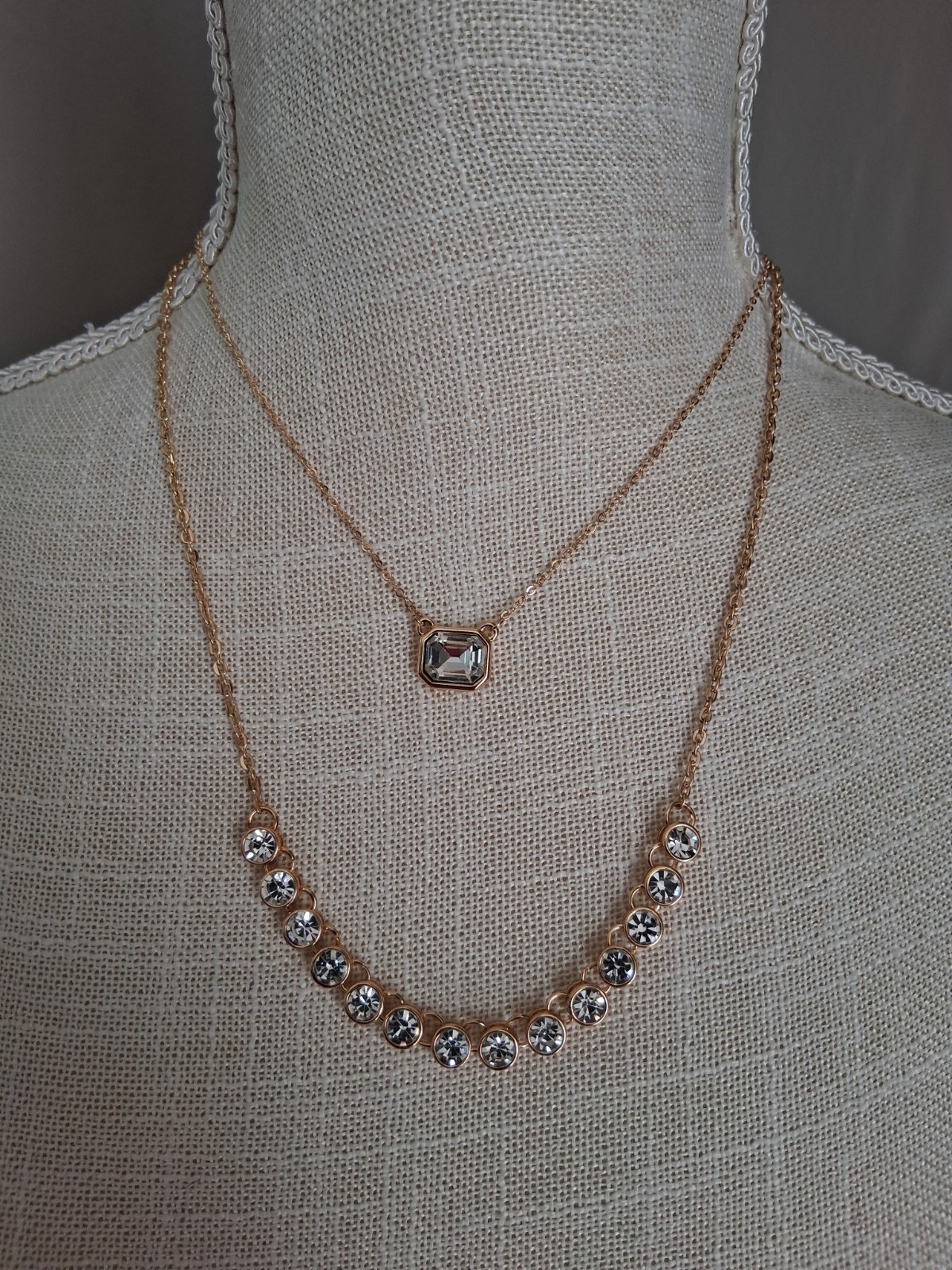 Nickel-Free Gold Tone Layered Necklace Clear Crystal Stones Adjustable Lobster