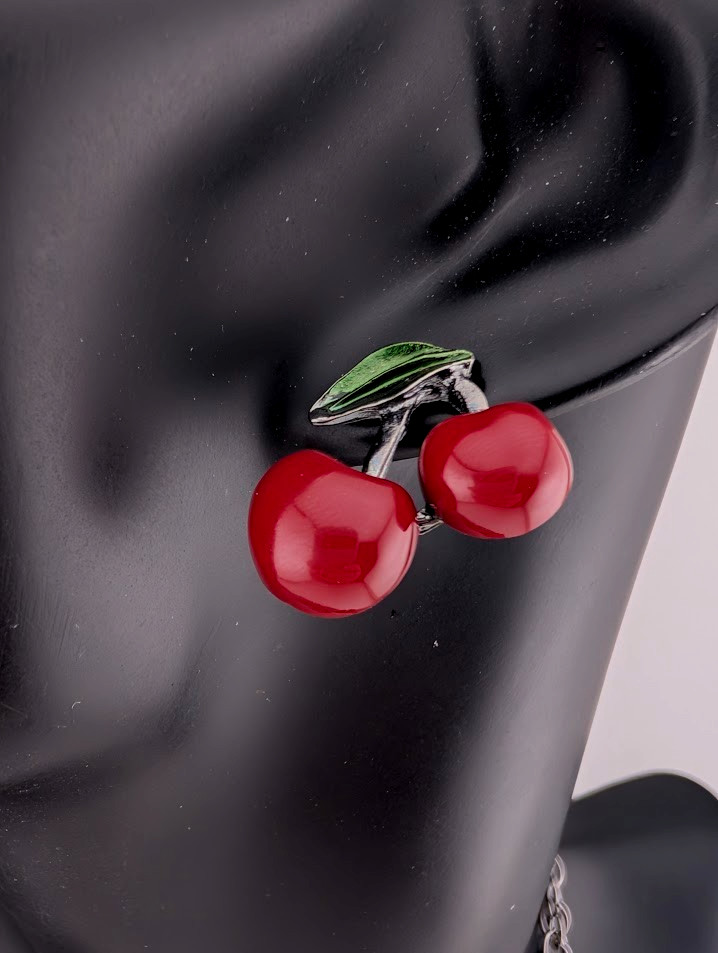 RED CHERRIES NECKLACE & EARRINGS SET retro fruits bib cherry summer berries Y6