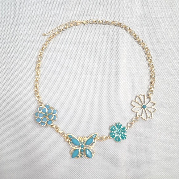 Women’s Necklace Gold Tone Turquoise Butterfly & Flower Designs 11.5 in + 3 in